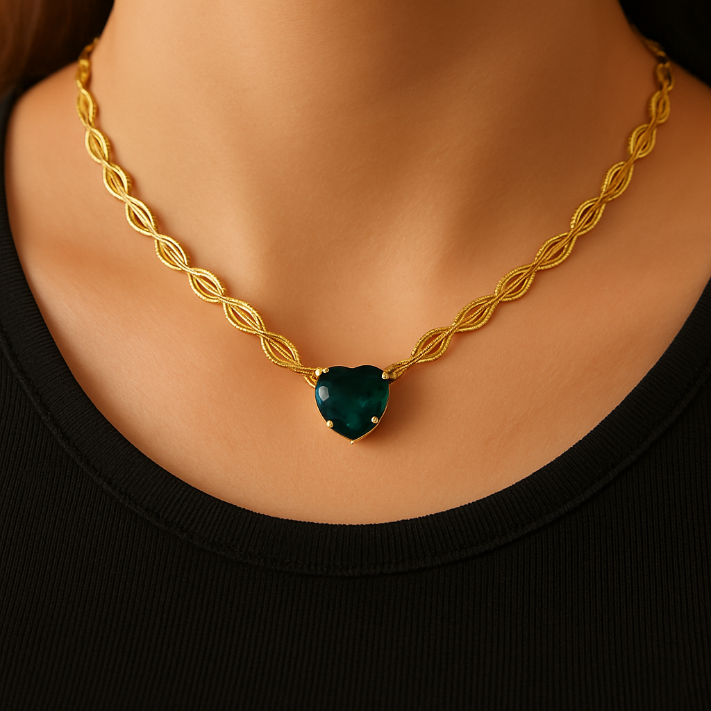 Colar Coração de Safira Verde em Ouro Dourado Torcido – Elegância Atemporal