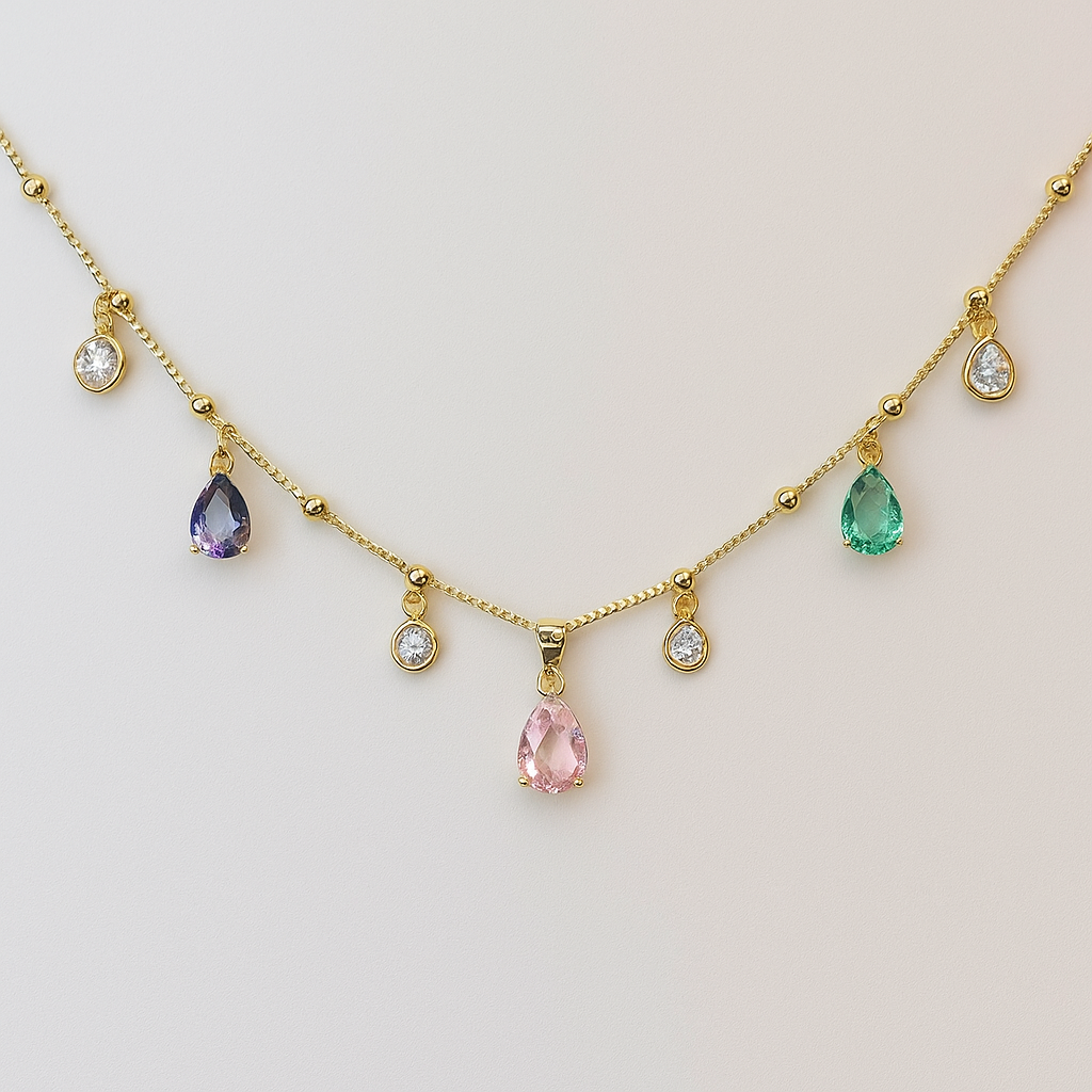 Colar Dourado com Pingentes de Gotas Multicoloridas