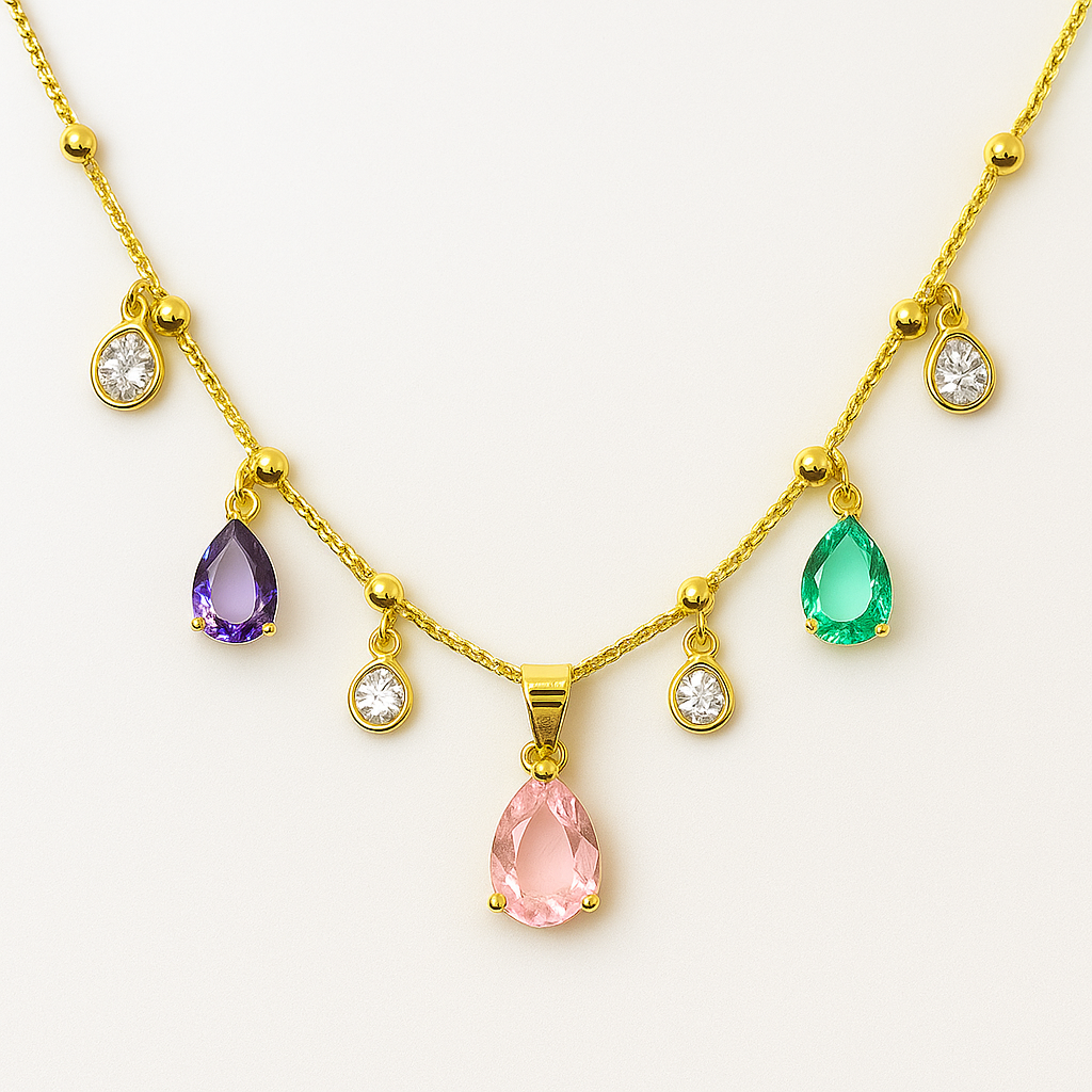 Colar Dourado com Pingentes de Gotas Multicoloridas
